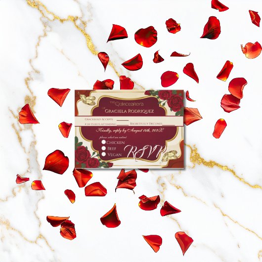 Burgundy & Gold Rose Quinceañera RSVP Card エンクロージャーカード