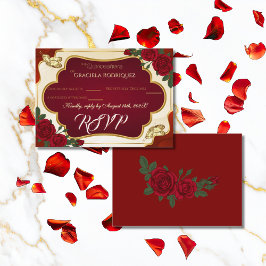 Burgundy & Gold Rose Quinceañera RSVP Card エンクロージャーカード