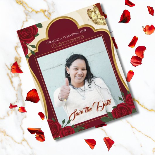 Burgundy & Gold Rose Quinceañera Save the Date ポストカード
