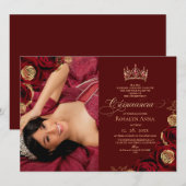 Burgundy Gold Roses Princess Quinceañera 招待状 (正面/裏面)