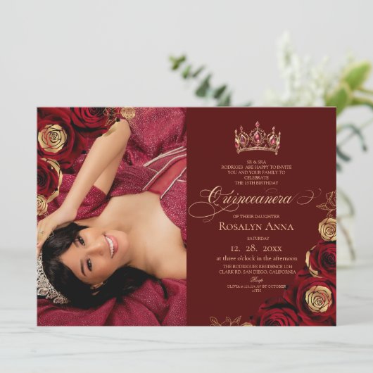 Burgundy Gold Roses Princess Quinceañera 招待状 (スタンド正面)
