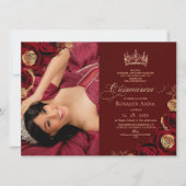 Burgundy Gold Roses Princess Quinceañera 招待状 (正面)