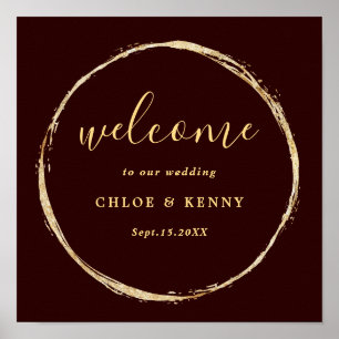 Burgundy & Gold Rustic Gold Circle Wedding Welcome ポスター