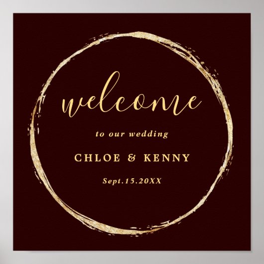 Burgundy & Gold Rustic Gold Circle Wedding Welcome ポスター (正面)