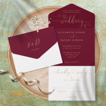 Burgundy Gold Script Hearts Minimalist Wedding 