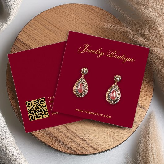 Burgundy Gold Script QR Code Earring Display Card
