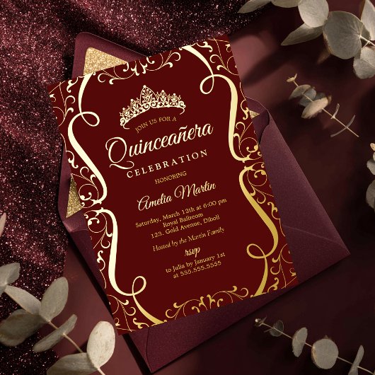 Burgundy Gold Swirl Elegant Quinceanera  箔招待状