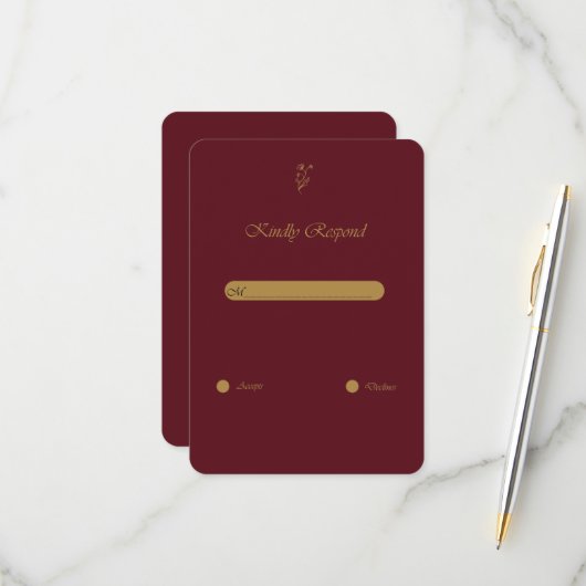 Burgundy Gold Vintage Script Wedding RSVP Card (正面/裏面インサイチュ)