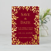 Burgundy gold wedding Save the Date foil card 箔招待状 (立ち正面)