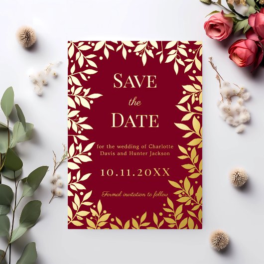 Burgundy gold wedding Save the Date foil card 箔招待状