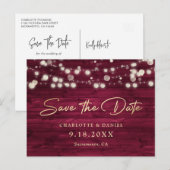 Burgundy Gold Wood String Lights Script Wedding 案内ポストカード (正面/裏面)