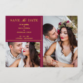 Burgundy Golden 2 Photos Fancy Wedding Date 箔招待状 (正面)