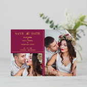 Burgundy Golden 2 Photos Fancy Wedding Date 箔招待状 (立ち正面)