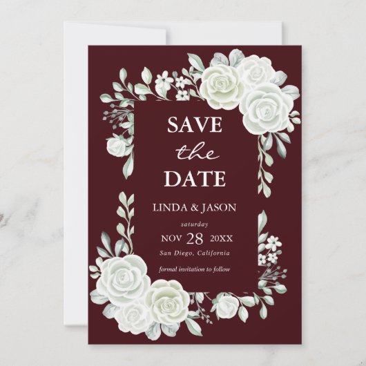 Burgundy Gothic Roses Wedding Save The Date Card 招待状 (正面)