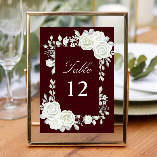 Burgundy Gothic White Roses Wedding Table Numbers テーブルナンバー