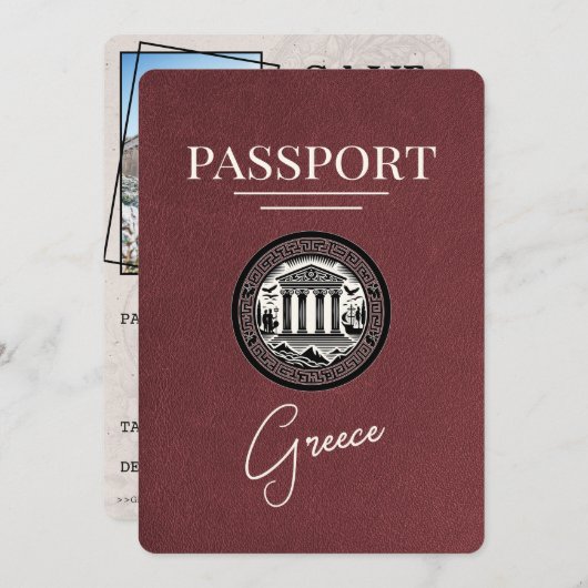 Burgundy Greece Passport日付カードの保存 セーブザデート (正面/裏面)