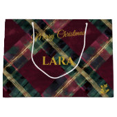 Burgundy, Green, and Gold Diagonal Plaid Christmas ラージペーパーバッグ (正面)