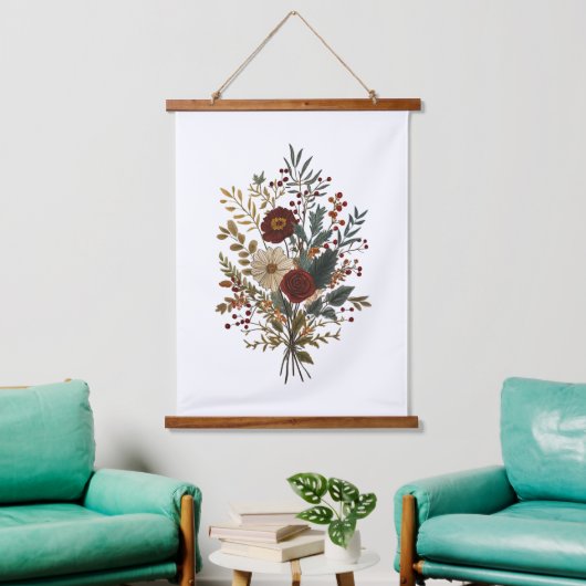 Burgundy Green Beige Fall Autumn Florals Wall Art 吊り下げ型タペストリー (リビング)