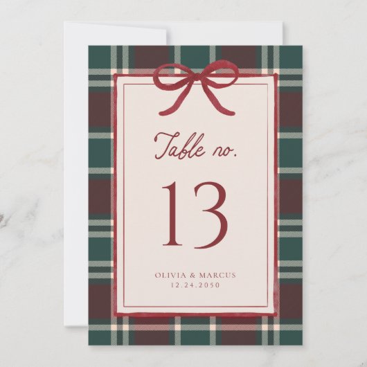 Burgundy Green Plaid Christmas Bow Table Numbers (正面)