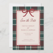 Burgundy Green Plaid Christmas Bow Wedding セーブザデート (正面)