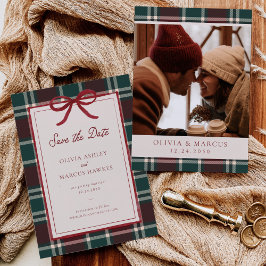 Burgundy Green Plaid Christmas Bow Wedding セーブザデート