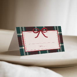 Burgundy Green Plaid Christmas Bow Wedding プレイスカード