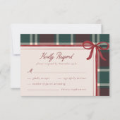 Burgundy Green Plaid Christmas Bow Wedding 出欠カード (正面)