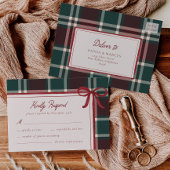 Burgundy Green Plaid Christmas Bow Wedding 出欠カード