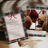 Burgundy Green Plaid Christmas Bow Wedding 招待状