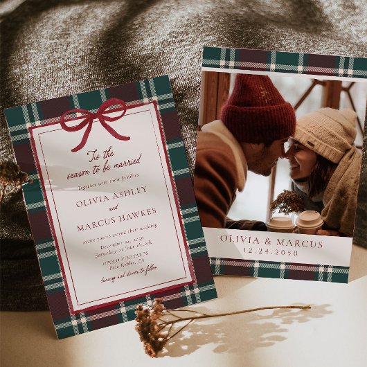 Burgundy Green Plaid Christmas Bow Wedding 招待状