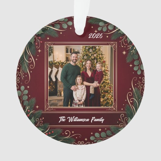 Burgundy Greenery Family Photo Christmas Acrylic オーナメント (正面)