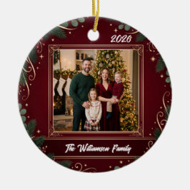Burgundy Greenery Family Photo Christmas Ceramic セラミックオーナメント