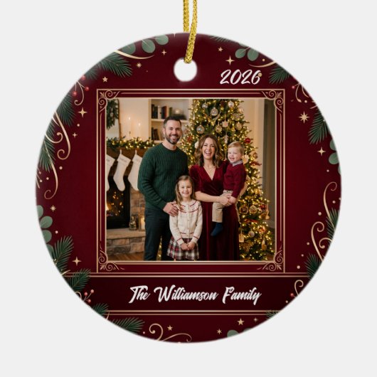 Burgundy Greenery Family Photo Christmas Ceramic セラミックオーナメント (正面)