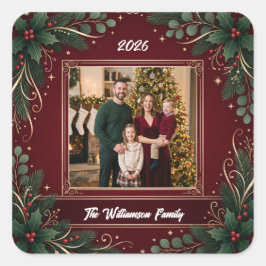 Burgundy Greenery Family Photo Christmas Sticker スクエアシール