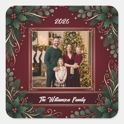 Burgundy Greenery Family Photo Christmas Sticker スクエアシール (正面)