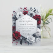 Burgundy Greyscale Bloom Wedding 招待状 (スタンド正面)