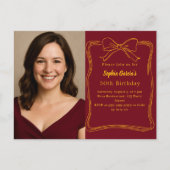 Burgundy hand-drawn bow photo birthday インビテーションポストカード (正面)