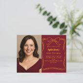 Burgundy hand-drawn bow photo birthday インビテーションポストカード (スタンド正面)