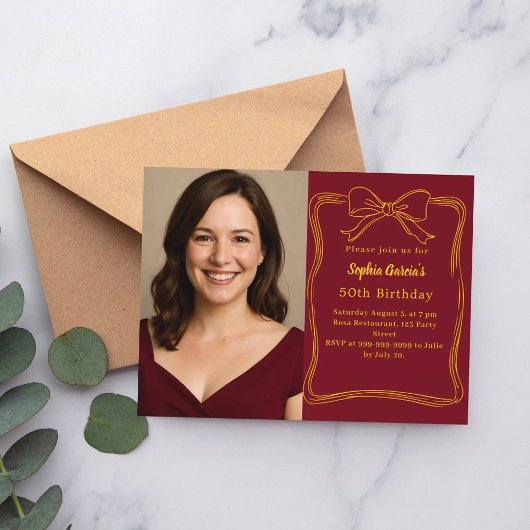 Burgundy hand-drawn bow photo birthday インビテーションポストカード