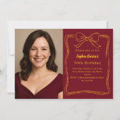 Burgundy hand-drawn bow photo birthday 招待状 (正面)