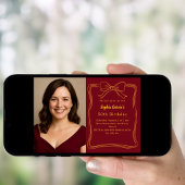 Burgundy hand-drawn bow photo birthday 招待状