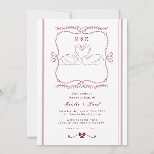 Burgundy Hand Drawn Swan Stripes Monogram Wedding 招待状 (正面)