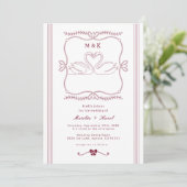 Burgundy Hand Drawn Swan Stripes Monogram Wedding 招待状 (スタンド正面)