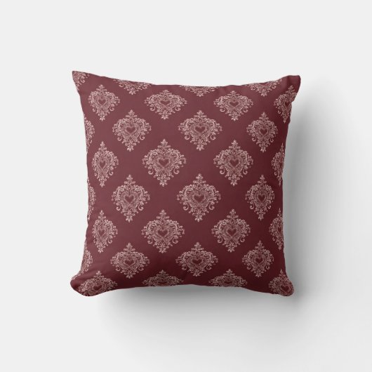 Burgundy Heart Damask Throw Pillow クッション (正面)