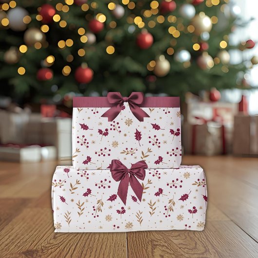 Burgundy Holly & Gold Christmas Wrapping Paper ラッピングペーパー