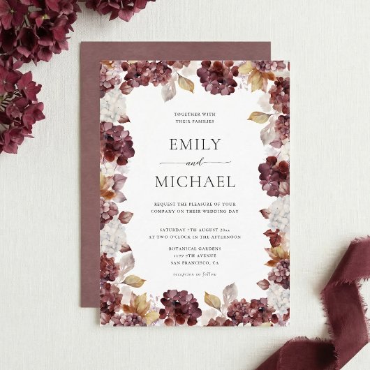 Burgundy Hydrangea Floral Wedding Invitation 招待状