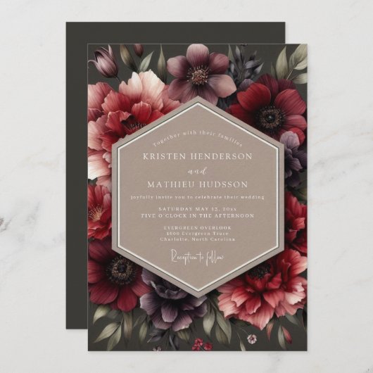 Burgundy Impasto Flora Wedding 招待状 (正面/裏面)