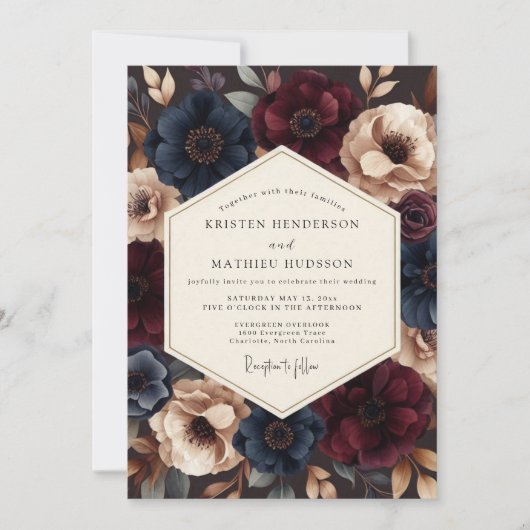 Burgundy Indigo Dramatic Wedding 招待状 (正面)