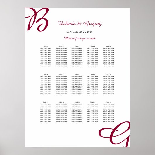 Burgundy Initial Autumn Fall Wedding Seating Chart ポスター (正面)
