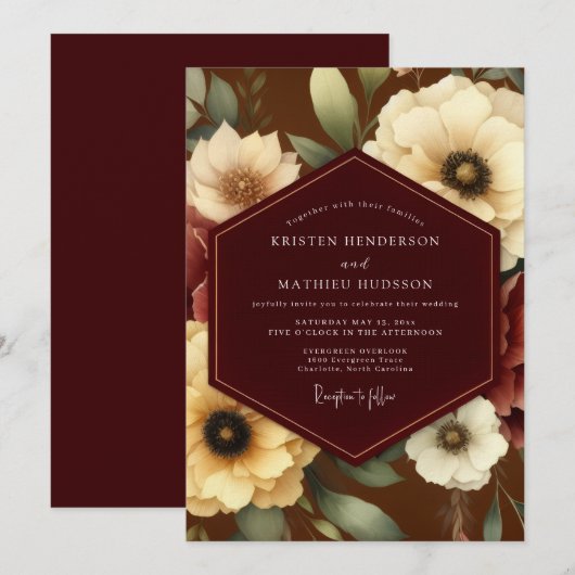Burgundy Ivory Bloom Wedding 招待状 (正面/裏面)